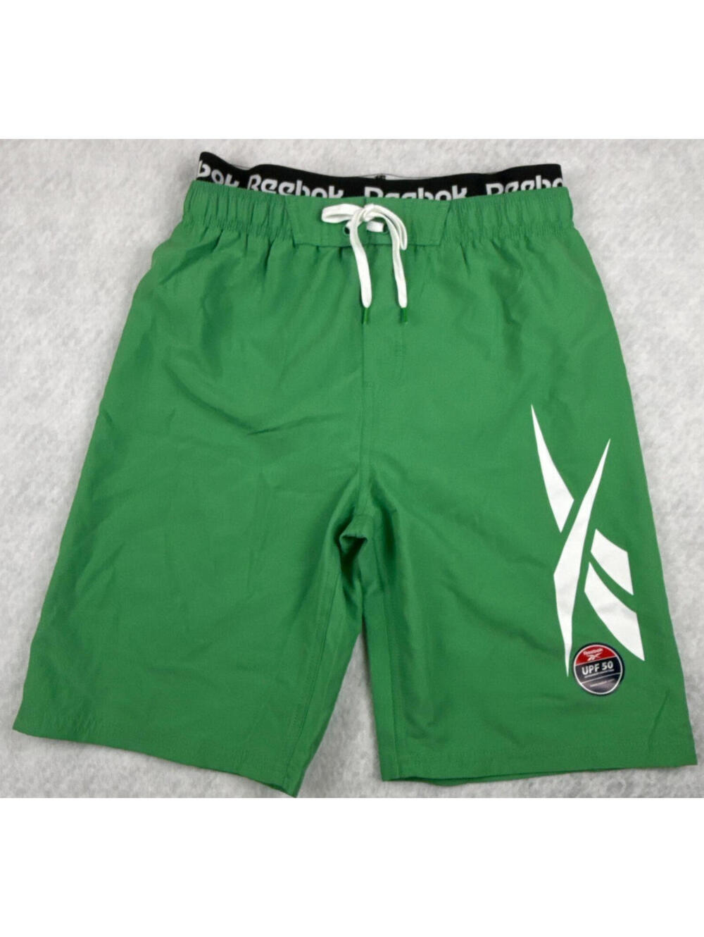 Reebok Boys Large 14/16 Green Swim Trunks UPF 50 Quick Dry Logo Waistband NWT